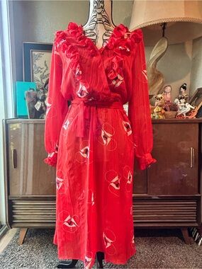 Vintage Red Ruffled Tie-Waist Midi Dress